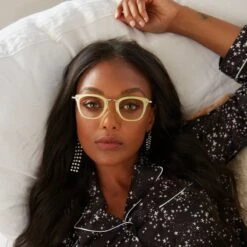 RUE - BUTTERCREAM + CLEAR GLASSES -Glasses Sales Store 2021 Holiday onmodel BlueLight RUE Buttercream