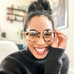 SUMMER - CREAM TORTOISE + CLEAR GLASSES -Glasses Sales Store diff july 2021 ashleighcoryell female summer blue light glasses cream tortoise